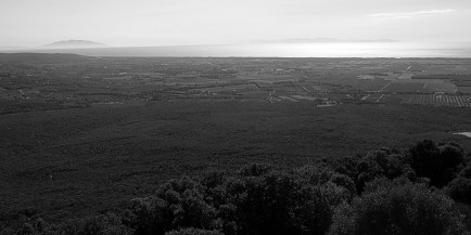 Sicht von Castiglioncello auf die Weinlagen Bolgheris, das Meer und die Inseln